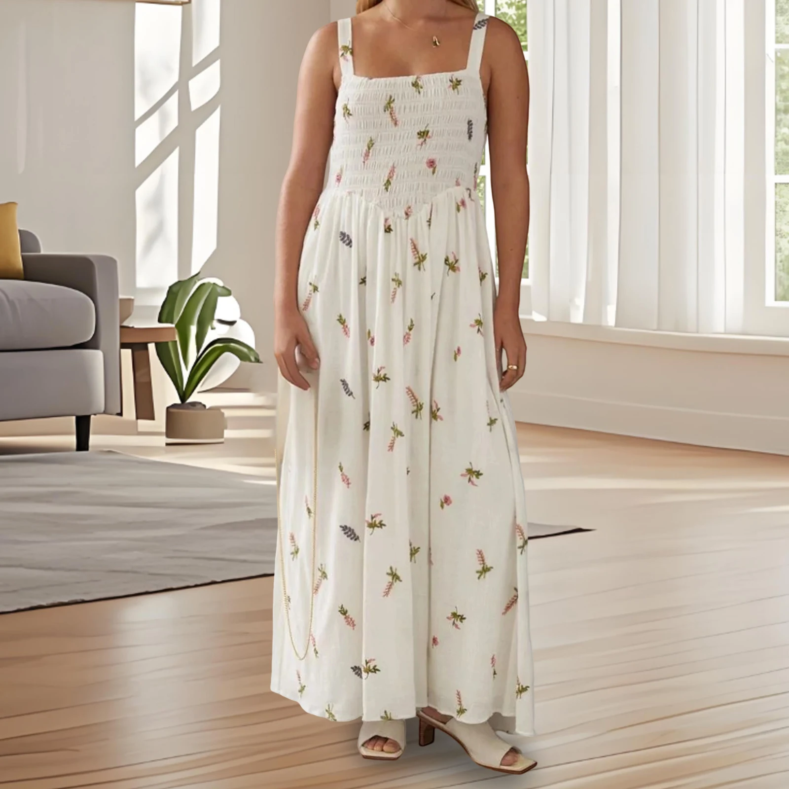 Abito lungo floreale da donna di nuova moda con scollo quadrato smockato senza maniche abito a trapezio per l'estate quotidiana all'aperto SML