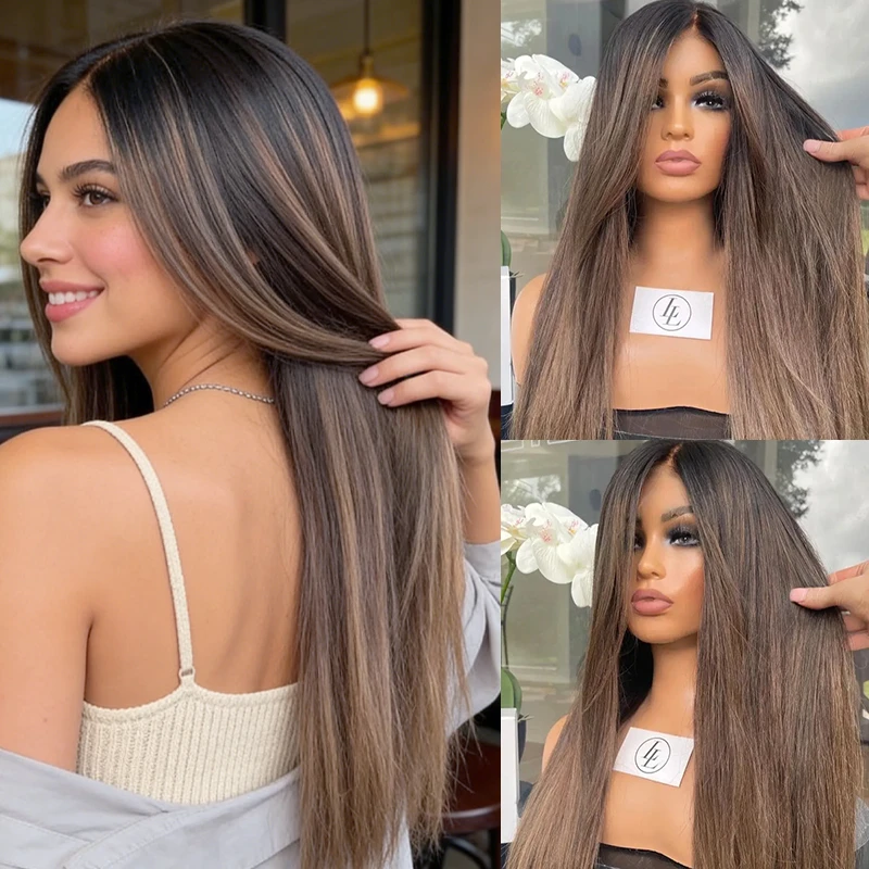 

Женский парик омбре: темно-карамельно-коричневый с прядями, синтетический, с HD-кружевной передней частью, длинный прямой парик, без клея, премиум-парик Futura