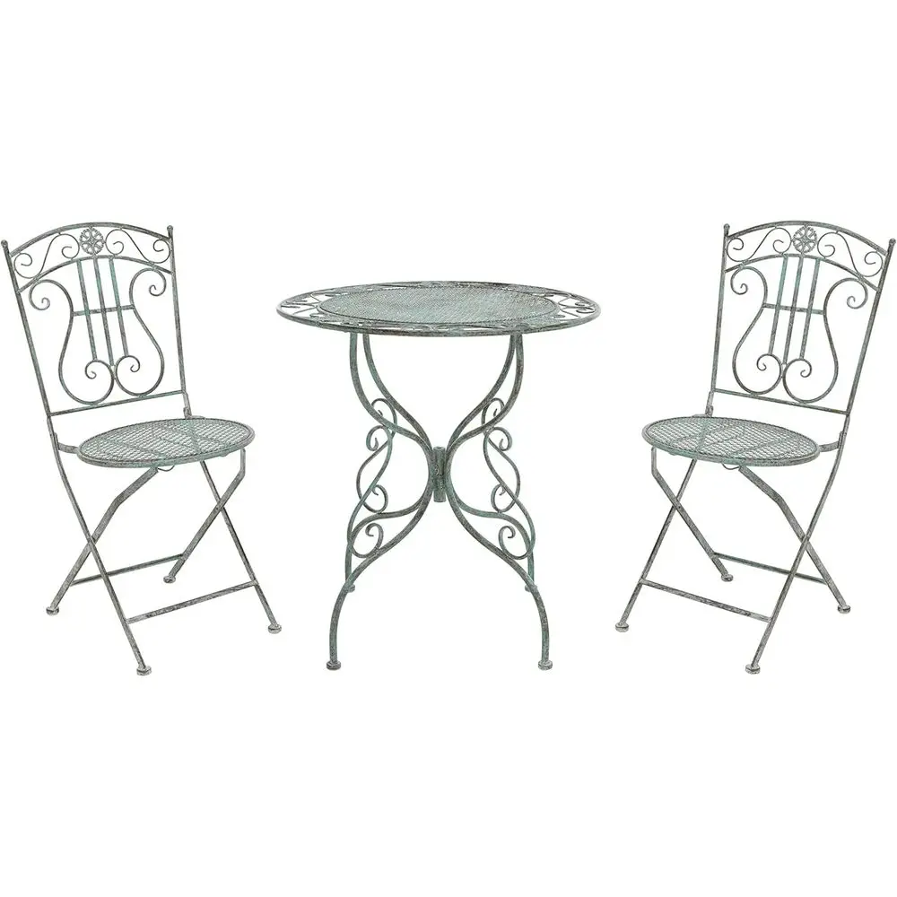 Green Wrought Iron 3-Piece Outdoor Bistro Set with Antique Charm