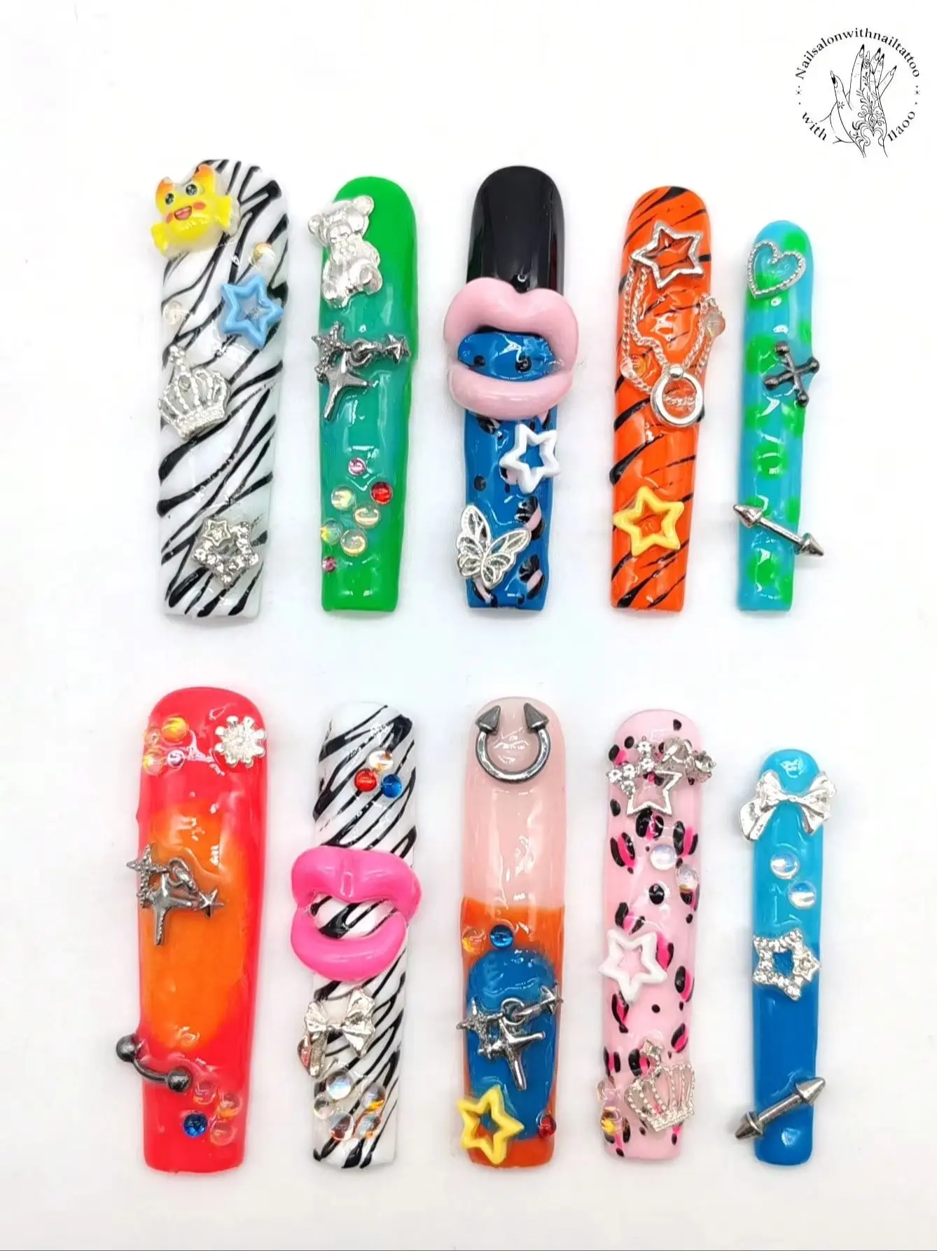 10-Piece Set 55mm Square Handmade Press-On Nails with 3D Pink Lip Faux Fur Silver Bow Crown Starry Decoration Cartoon Crab Rhine