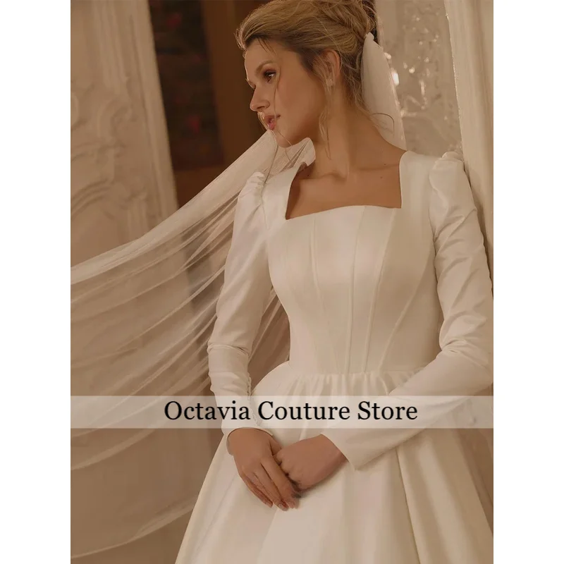 Arab Wedding Dress Customized Square Neck Full Sleeves Back Zipper Buttons Bridal Gown Sweep Train A Line Bride Dresses