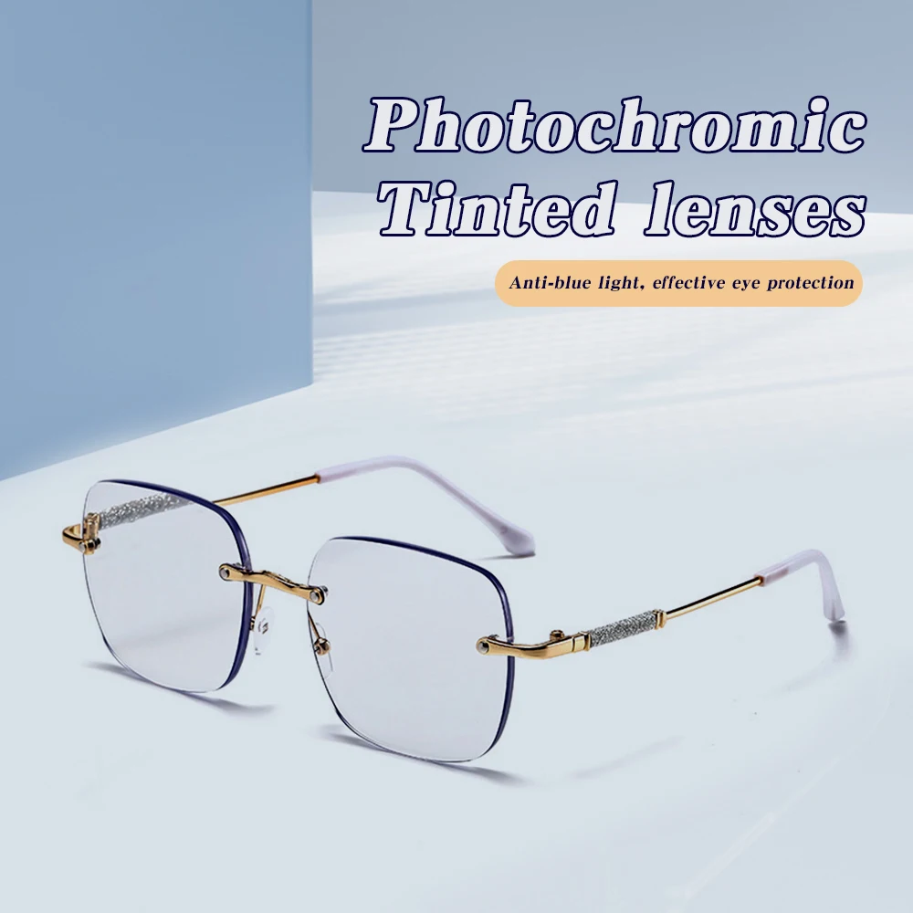 Kacamata Hitam Fotokromik Tanpa Bingkai Persegi Besar Lensa Transisi Trendi untuk Wanita Pria Uniseks Aksesori Fashion