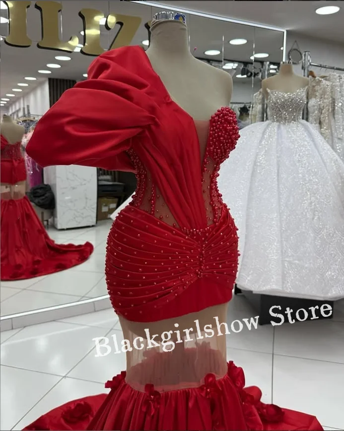 ที่กําหนดเองดูผ่าน Mermaid PROM ชุดสีแดงหนึ่งไหล่ลูกปัด Appliqué ผู้หญิงอย่างเป็นทางการสีแดงพรม Ball Gowns