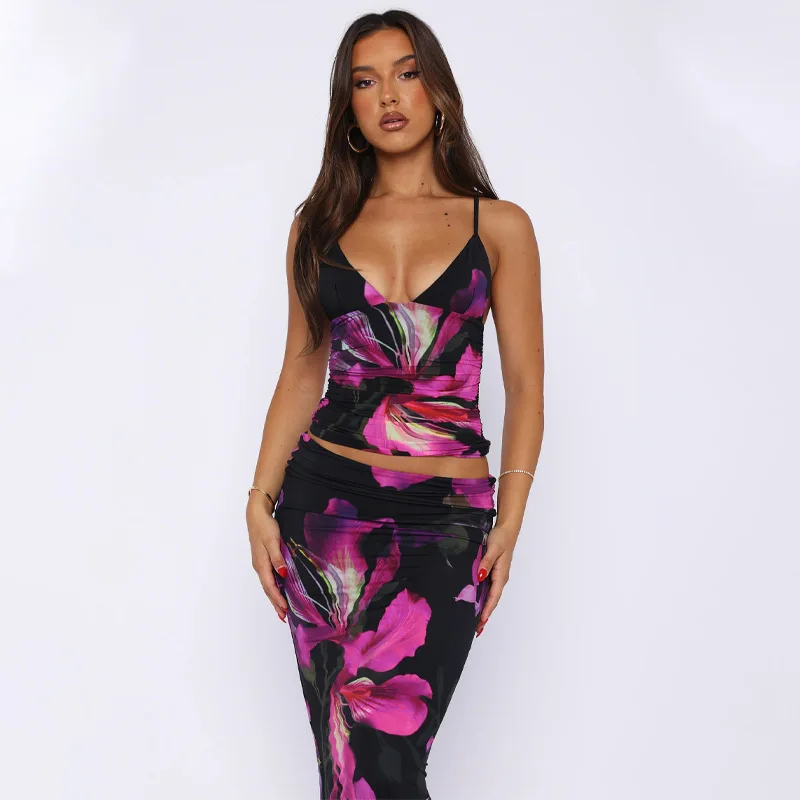 2025 Stunning Panelled Print 2 Piece Set Women Hipster Sexy Low Neck Slim Camisoles+High Waist Maxi Skirts Female Attirewear