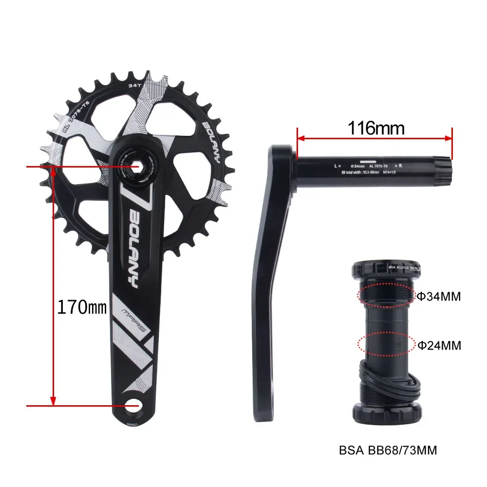 BOLANY 34/36T Direct Mounted Crankset CNC Aluminum Alloy 170mm Single Chainring With BB68 Bottom Crank arms for MTB Bike