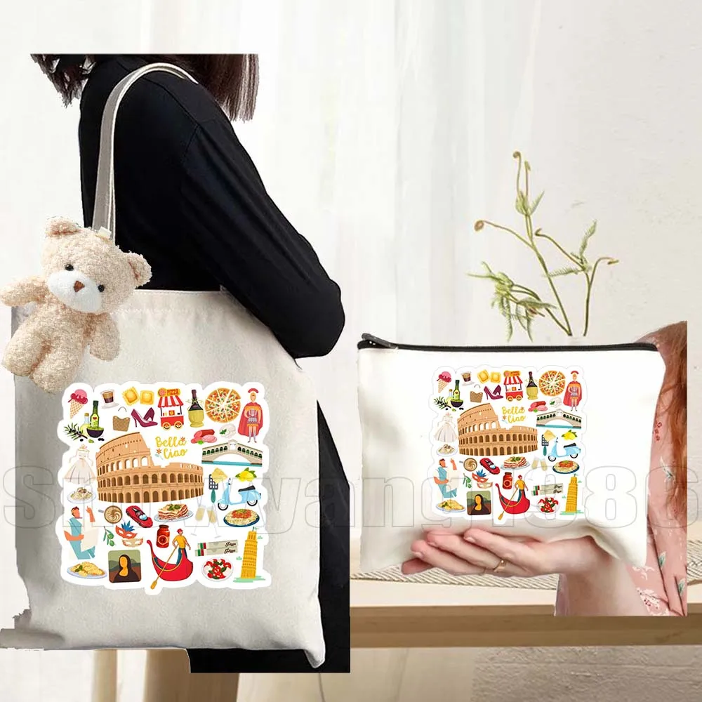 3pcs Brazil Canada France Germany Greece Canvas Tote Bag Sweden Italy Mexico Russia USA Japan Travel Icons Shopping Eco Handbag