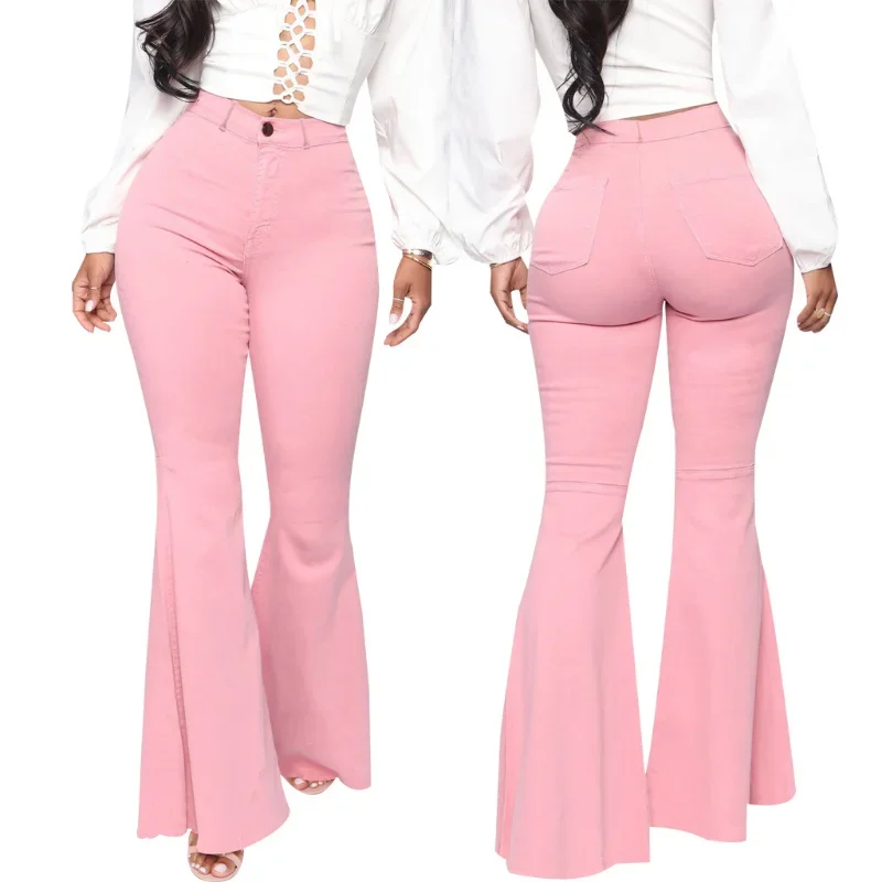 White Flare Jeans for Women 2024 Spring Summer Slim High Waist Stretch Skinny Boot-cut Denim Pants Woman Pink Bell Bottom Jeans