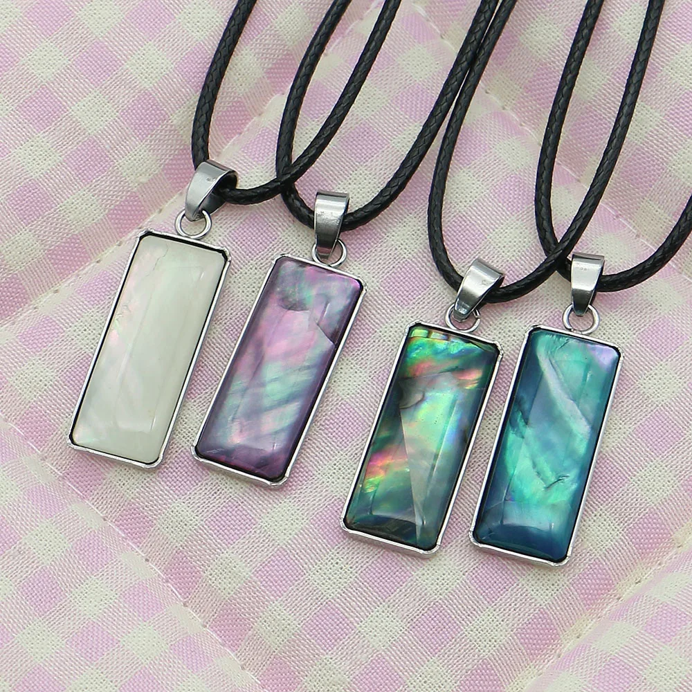 Rectangular Iridescent Aurora-colored Abalone Shell Pendant Edge Wrapping Copper-plated Melon Seed Clasp Necklace DIY Jewelry