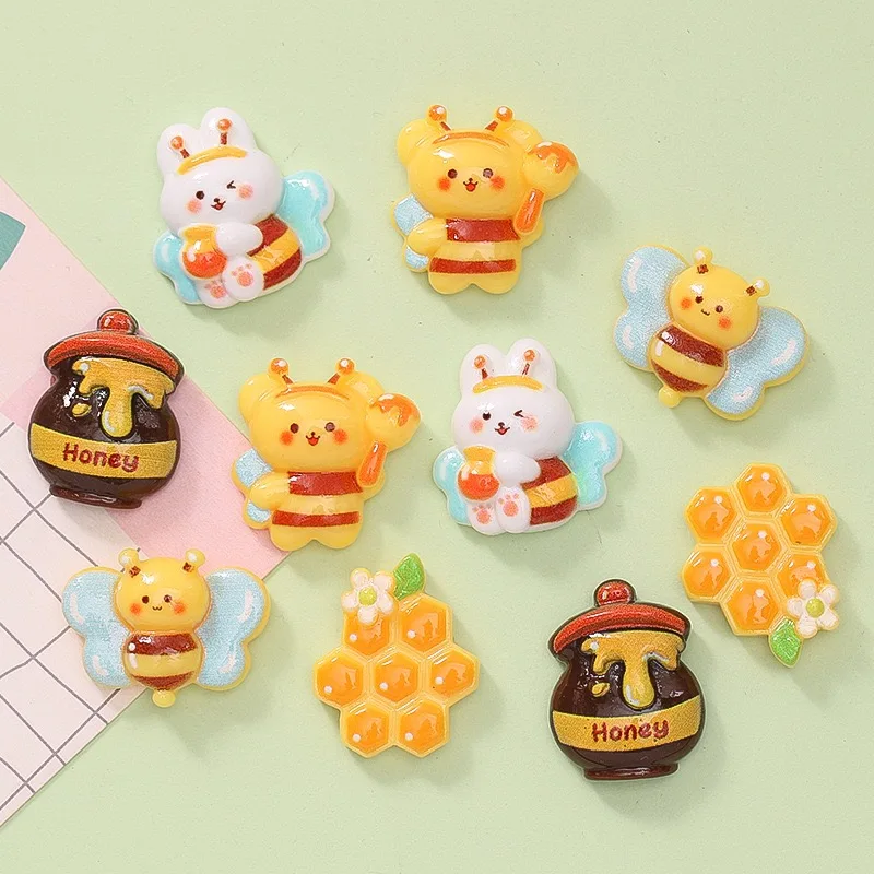 10Pcs New Cute Resin Cartoon Bees, Honey Series Flat Back Parts Embellishments For Hair Bows Accessories