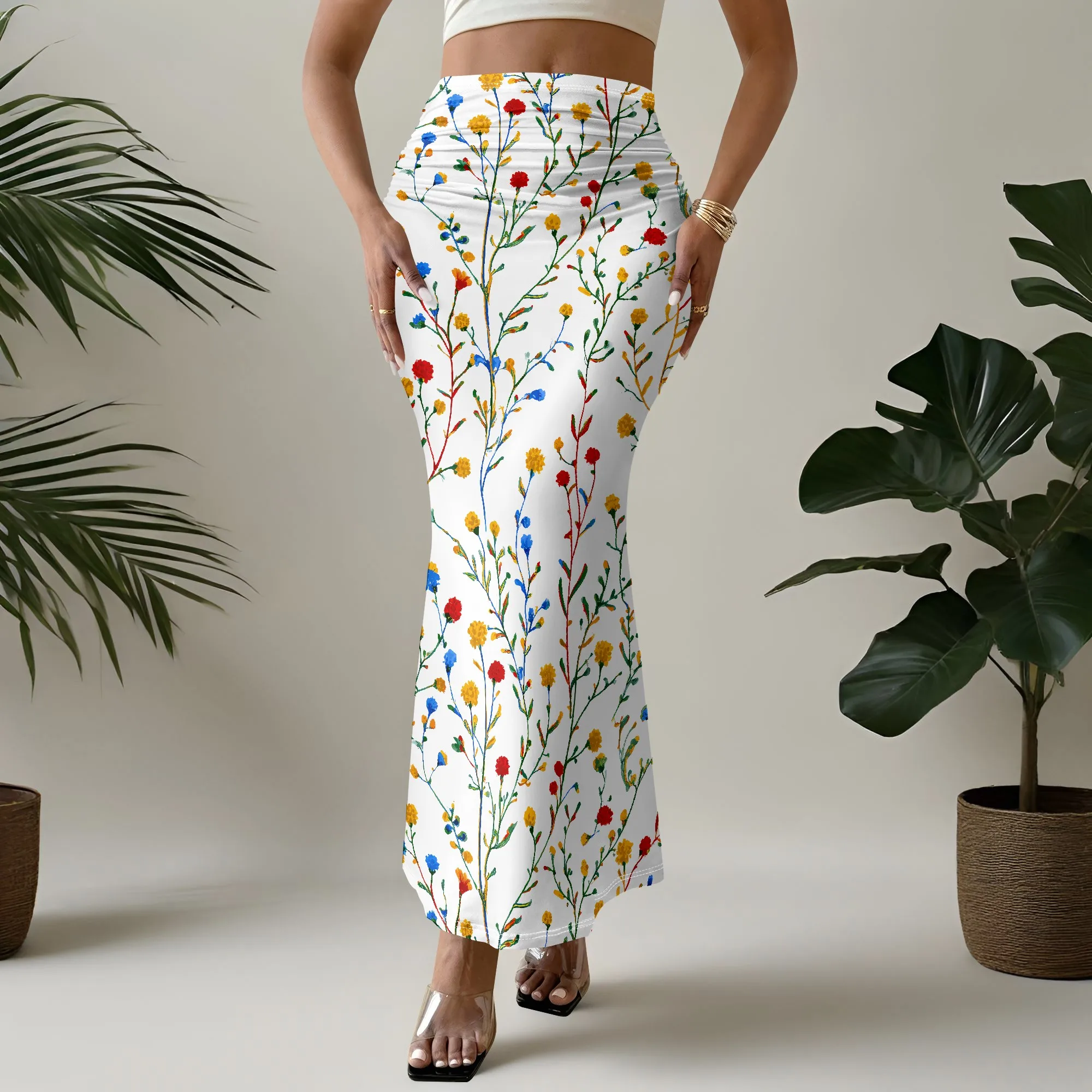 Floral Print, Mermaid Skirt, High Waist, A-Line Cut, Elastic Band, Boho Style, Summer Wear, Women's Fashion, S-2XL
