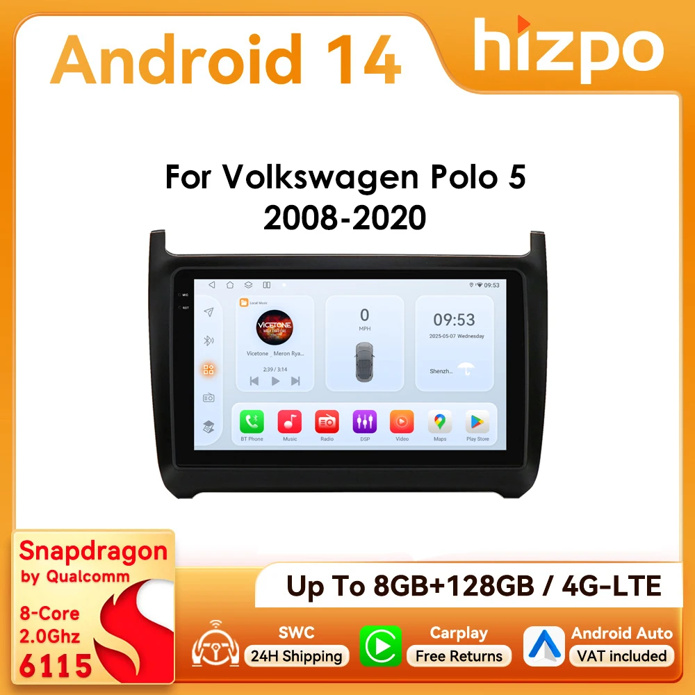 Hizpo 2Din 9-Zoll Android Autoradio für Volkswagen VW Polo 5 2008 - 2020 CarPlay 4G Bluetooth RDS DSP GPS-Navigation Snapdragon 6115 360 ° CAM