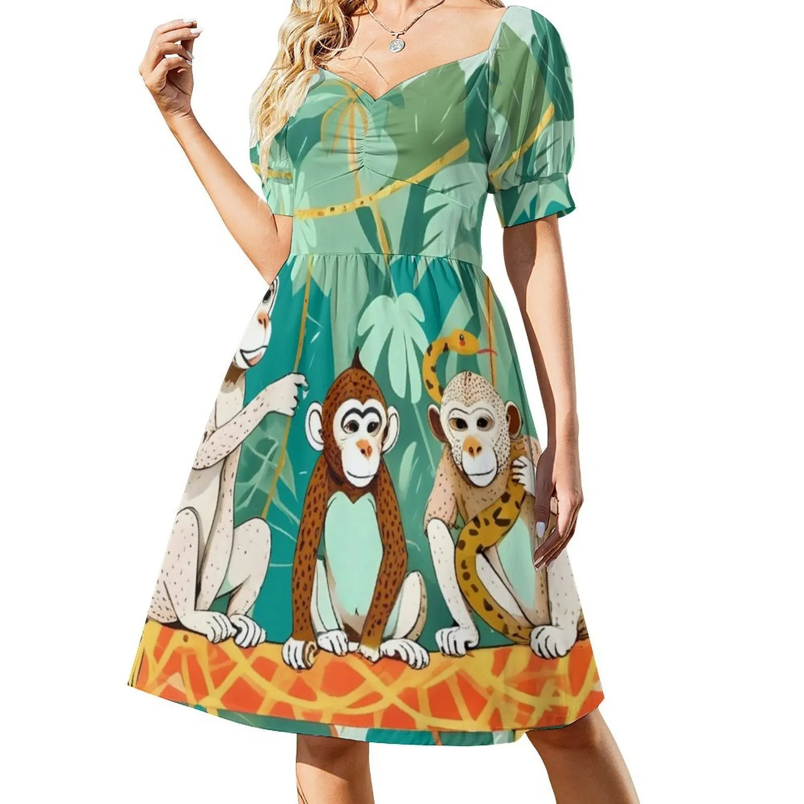 Jogar data macacos selva jogando animais travesso floral blusa vestido para mulheres primavera verão vestido casual para festa vida selvagem