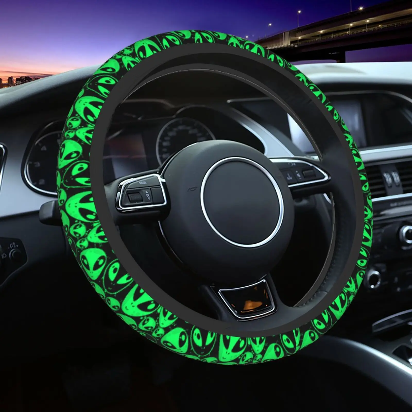 Green Alien UFO Pattern Steering Wheel Covers Anti Slip Elasticity Car Accessories Steering Wheel Protector Universal 15 Inch