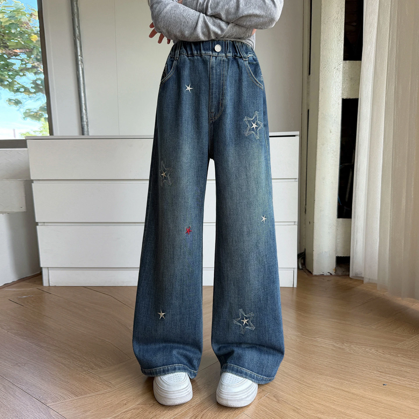 Teenagers Girls Jeans Pentagram Embroidery Children Trousers Autumn Girls Denim Wide Leg Pants 5-14 Years New Kids Clothes