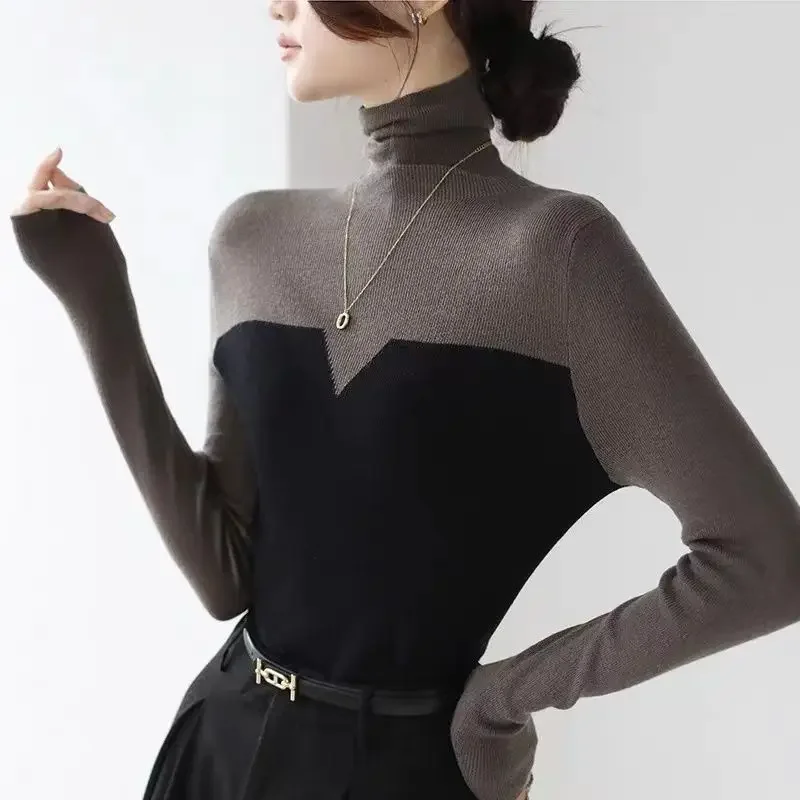 

Autumn Winter Long Sleeve Slim Elegant Pullovers Top Fashion Clothing Temperament Contrast High Neck Knitted Sweater for Women