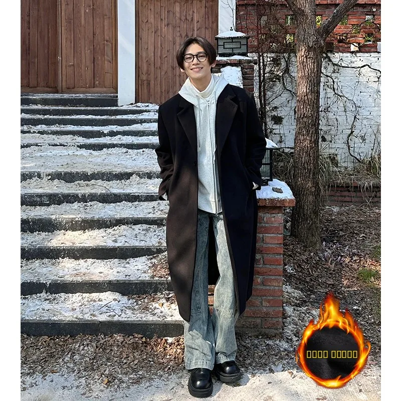 

Cleanfit Men's Woolen Coat Bla Over-Knee German Sle Windbreaker Cotton Enriched Mid-Length Casual Faion Winter Outerwear