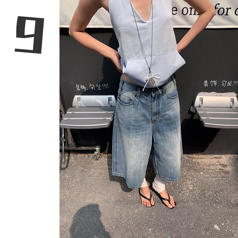 Szerokie spodnie jeansowe damskie vintage do łydki, spodnie z średnim stanem, sprane, postarzane, z kieszeniami, streetwear, lato 2025, damskie jeansy.