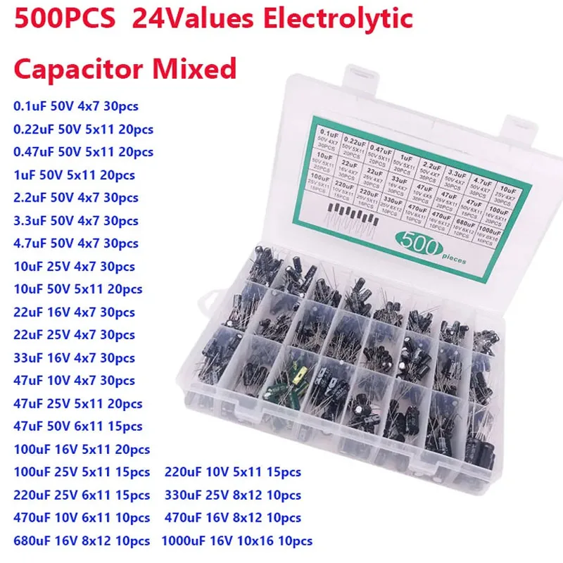 500PCS 10V 16V 25V 50V ชุดอิเล็กทรอนิกส์ 0.1uF-1000uf 24 ค่า elektronik Electrolytic Capacitor ผสม DIP Electrolyte Capacitors
