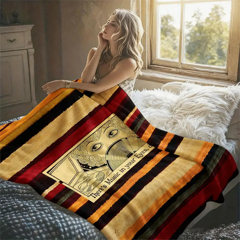 Retro Music Striped Art Flannel Blanket Perfect for Sofa Office Bed Travel Sleep Read Relax Camping Four Season Use