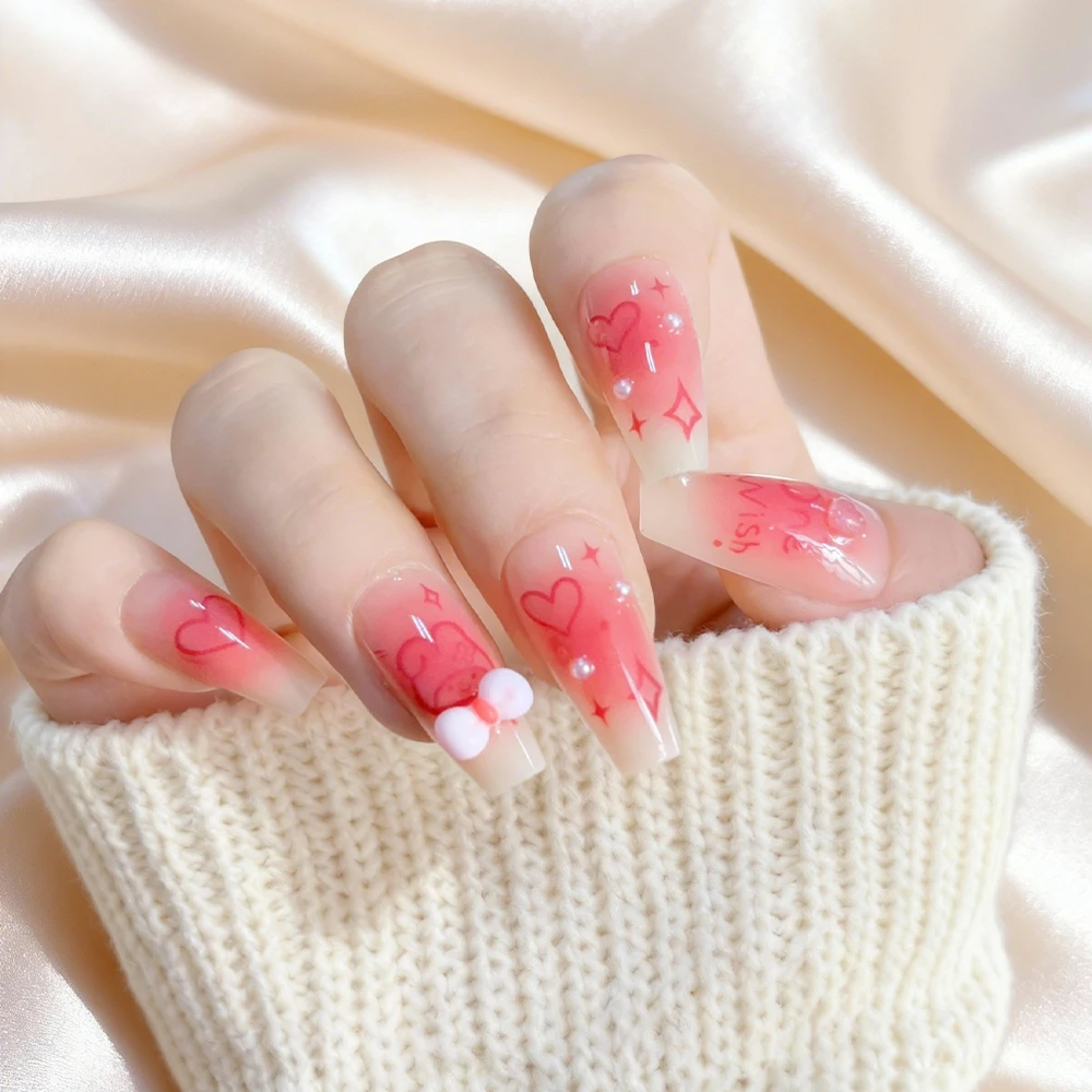 

24 шт. розовых градиентных накладных ногтей My Melody с милым рисунком в виде сердечек и бантиков, длинные, в форме коврижки, в стиле Y2K, для наращивания ногтей