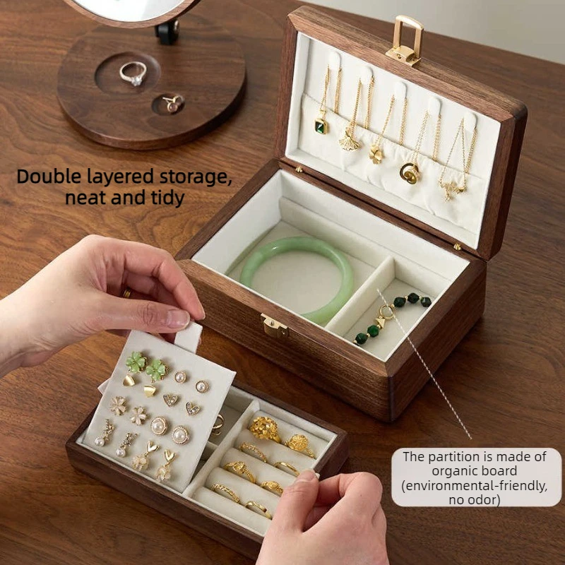 Wooden Jewelry Boxes Double Layer Jewelry Box Portable Trinkets Storage Box Retro Ring Necklace Earrings Organizer Case