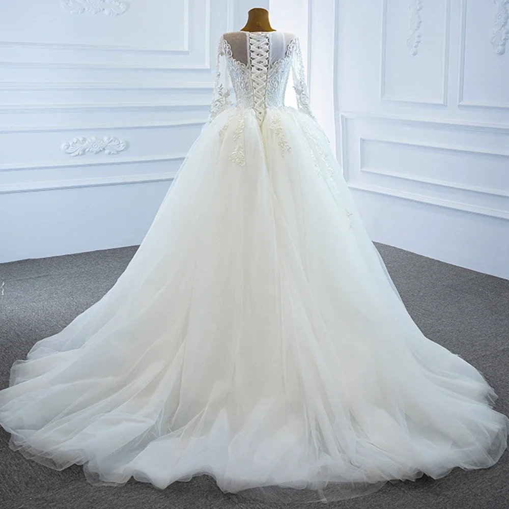 Exquisite White Appliques Wedding Dresses with Detachable Train Elegant O-Neck Long Sleeves Court Train Mermaid Bride Dresses