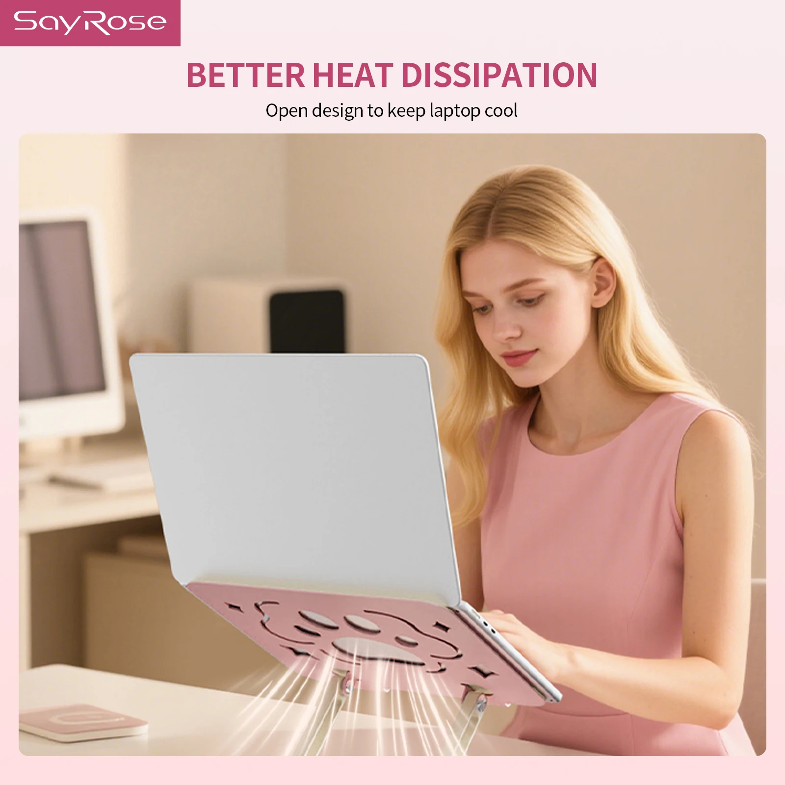 SayRose VZC1 Cat Paw Laptop Stand 360 Rotating Adjustable Height Aluminum Carbon Steel Portable Riser 10KG Load Cooling Bracket For 11-17.3 Inch Laptop Tablet Pink Gift