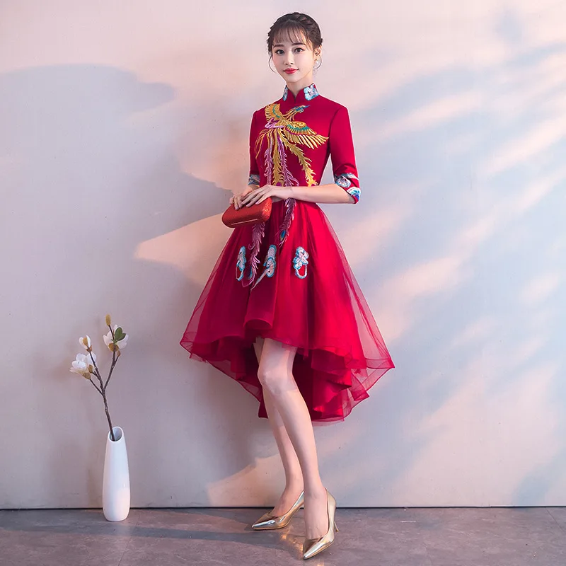 Burgundy Wedding Party Cheongsam Oriental Evening Dress Chinese Traditional Womens Elegant Qipao Sexy Satin Robe Retro Vestido