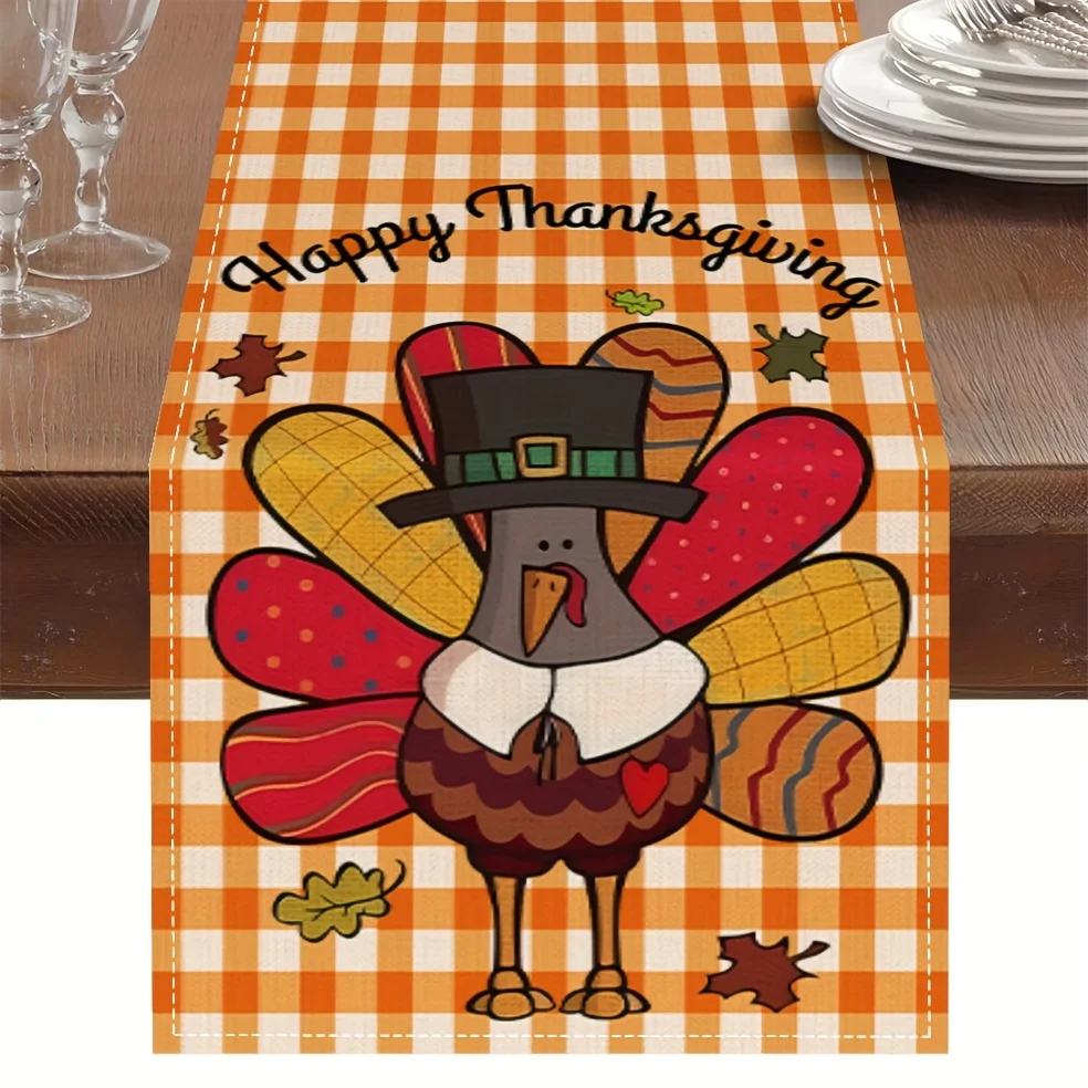 

1Pc Thanksgiving Turkey Table Runner - Premium Farmhouse Style with Fun Turkey, Fall Leaves and Pumpkin Design for Dining Room, Home, Picnic, Homestay, Harvest Party Scene.