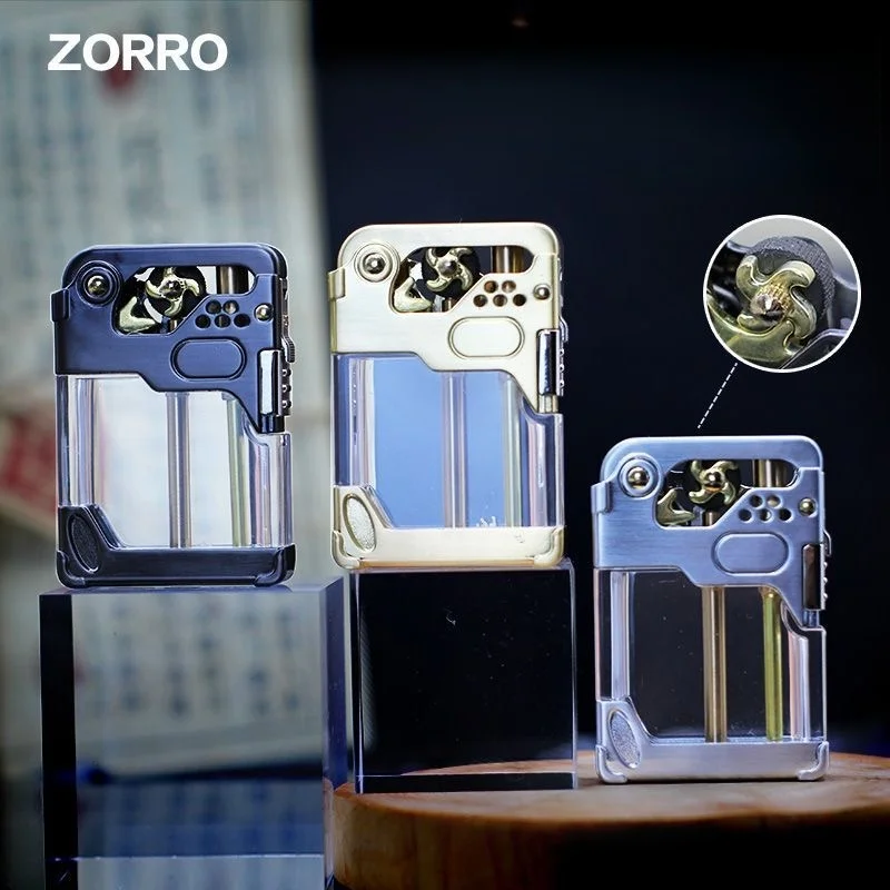 ZORRO Safety Lock Armor Kerosine Lighter Windproof Transparent Oil Tank High End One Click Launch Flint Wheel Ignition Smoking