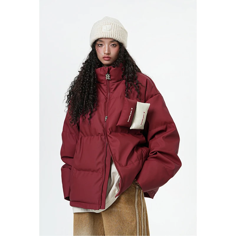 Jaqueta puffer vintage feminina, design de zíper de gola alta, casaco acolchoado de algodão, outono e inverno, 2022