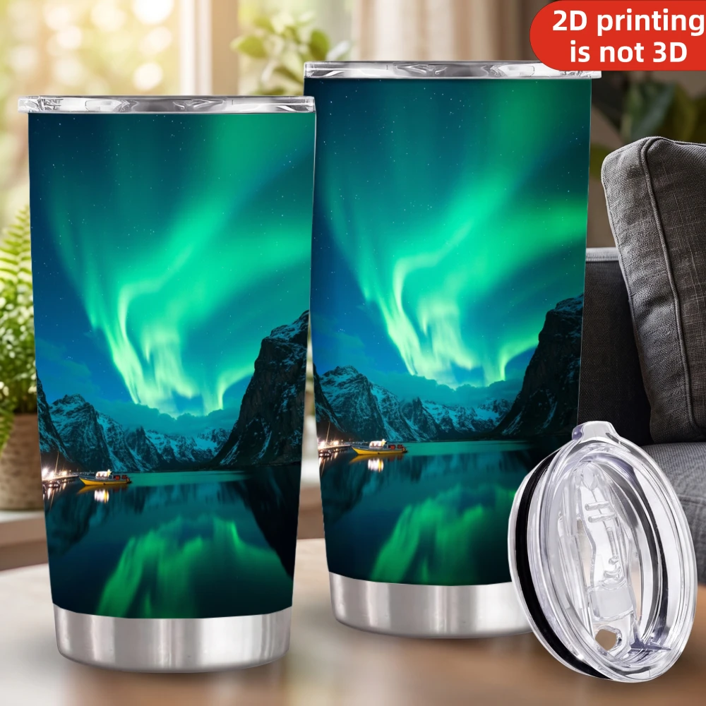 20oz Green Aurora Borealis Printed Stainless Steel Tumbler with Lid and Straw, Northern Lights Mountain Fjord Lake Reflection Vacuum Insulated Travel Coffee Mug Gifts for Nature Lovers