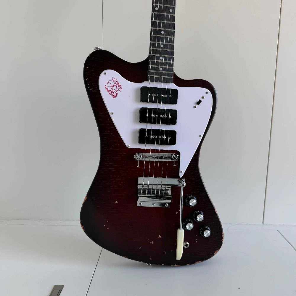 Unique Offset Solid Body Electric Guitar, Vintage Brown Aged Distressed Finish, Three Single Coil Pickups, Tremolo Bridge