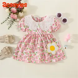 2 Pieces/Set Summer Baby Girl Lace Lapel Peach Blossom Chiffon Short Sleeve Knee-length Cool Dress+Bag