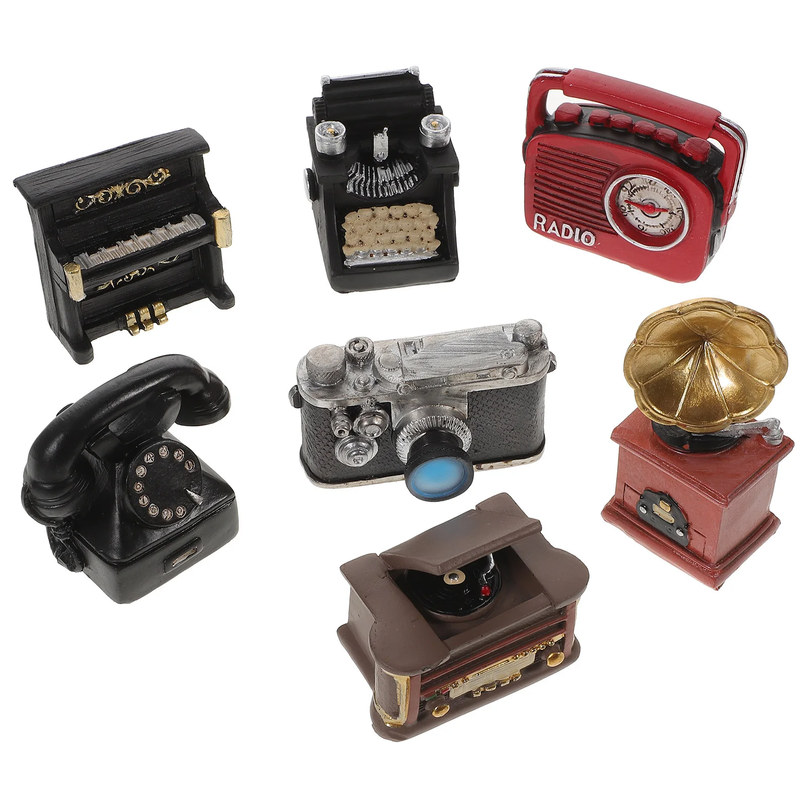 

7pcs Mini Retro Decorative Resin Figurines Vintage House Accessories For Kids Playtime Coffee Shop Decor Tiny Furniture Set