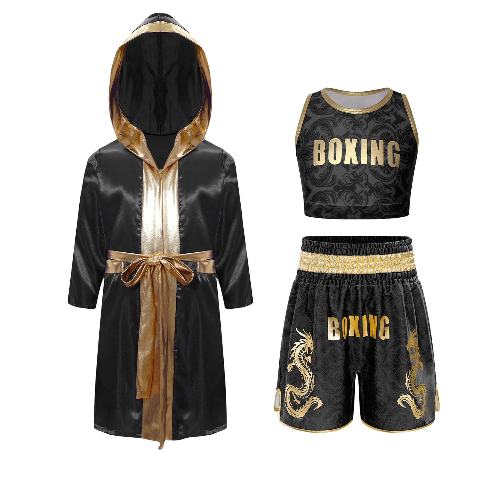 Kinder Jungen Mädchen Metallic-Verzierung Kampf-Boxoutfit mit Kapuze, Boxermantel und Gürtel, Blumenmuster-Weste mit elastischem Bund und Shorts – Detail 18