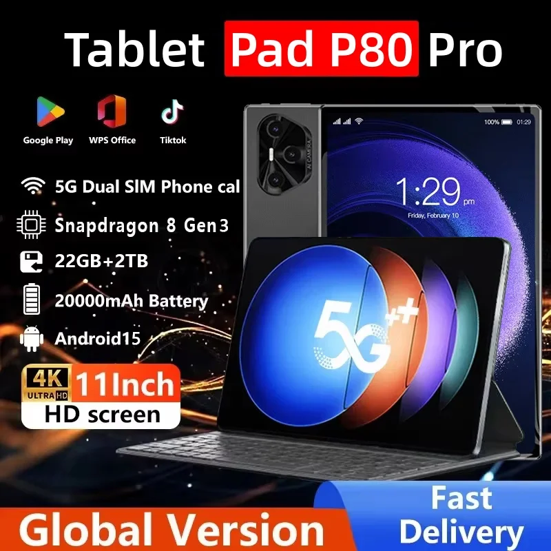 

2025 New Pad P80 Pro Tablet 11 Inch HD 4K Screen Tablet Android 15 Snapdragon8Gen3 5G Network WiFi GPS Tablets PC Pad P80 Pro
