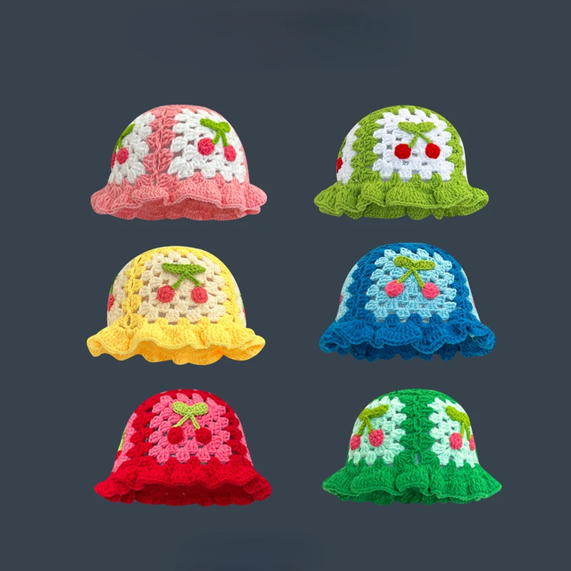 24 Opts Y2K Women\'s Crochet Flower Bucket Hat Handmade Knitted Cap Floppy Korea Panama Caps Foldable Sunscreen Hat Femme Sun Bob