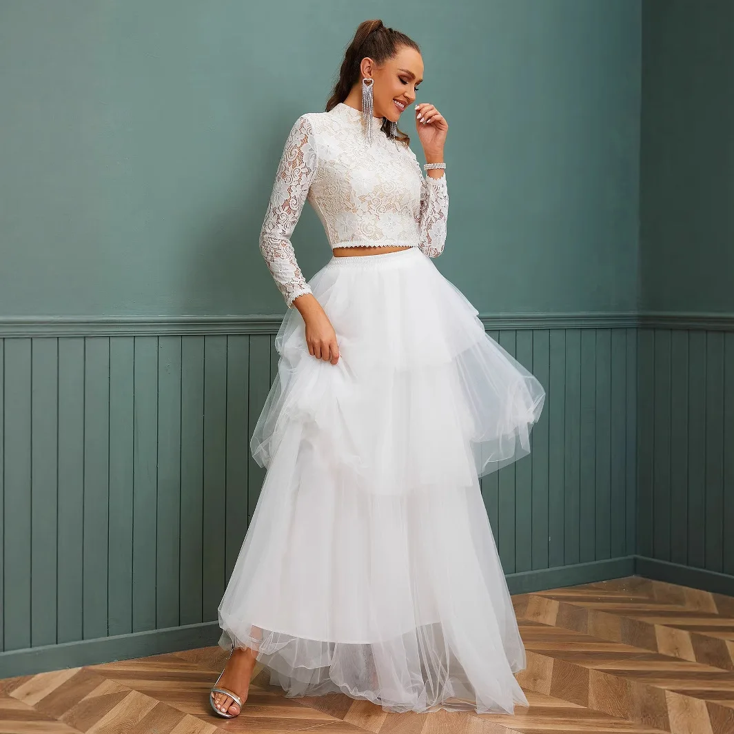 

Трансграничный кружевной комплект свадебной юбки с высокой талией, тканевая сетчатая юбка-тортик, длинный комплект из двух предметов для женских встреч