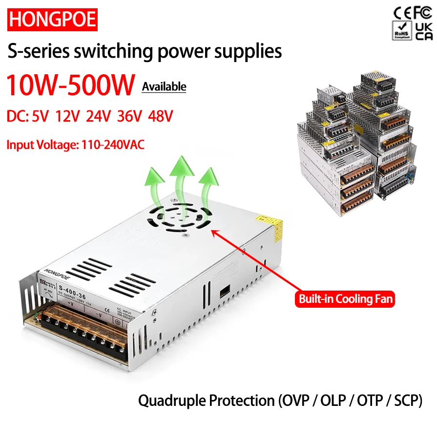 

CE S Series 10W-500W Optional 5V 12V 24V 36V 48VDC Switching Power Supply 110-240VAC Input for LED Lights CCTV New Energy Motors