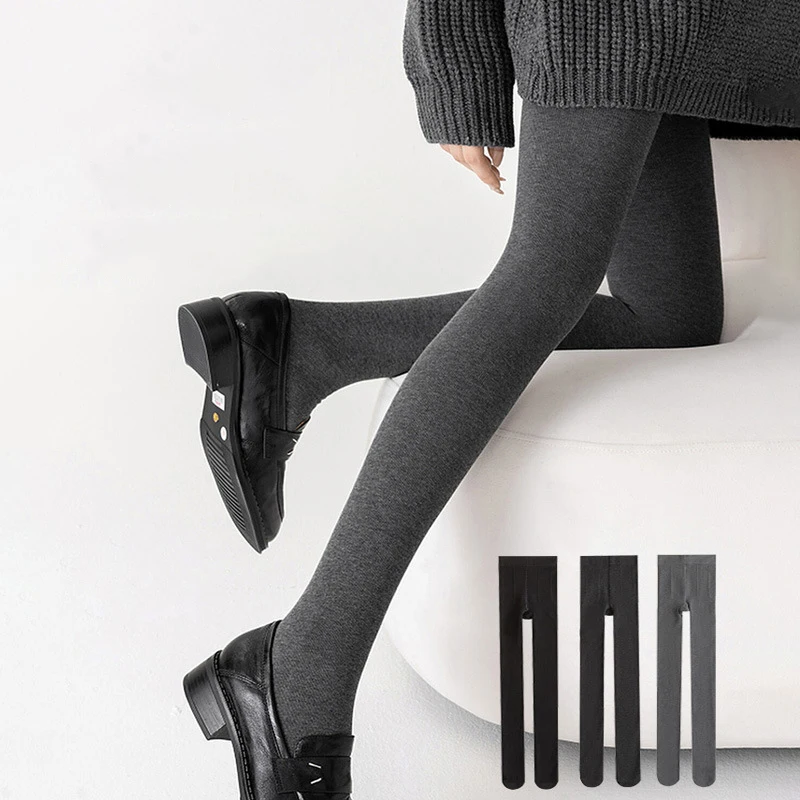 Women's Opaque Tights High Waist Elastic Thick Warm Pantyhose for Autumn Winter Black/Grey Solid Footed Leggings Stockings