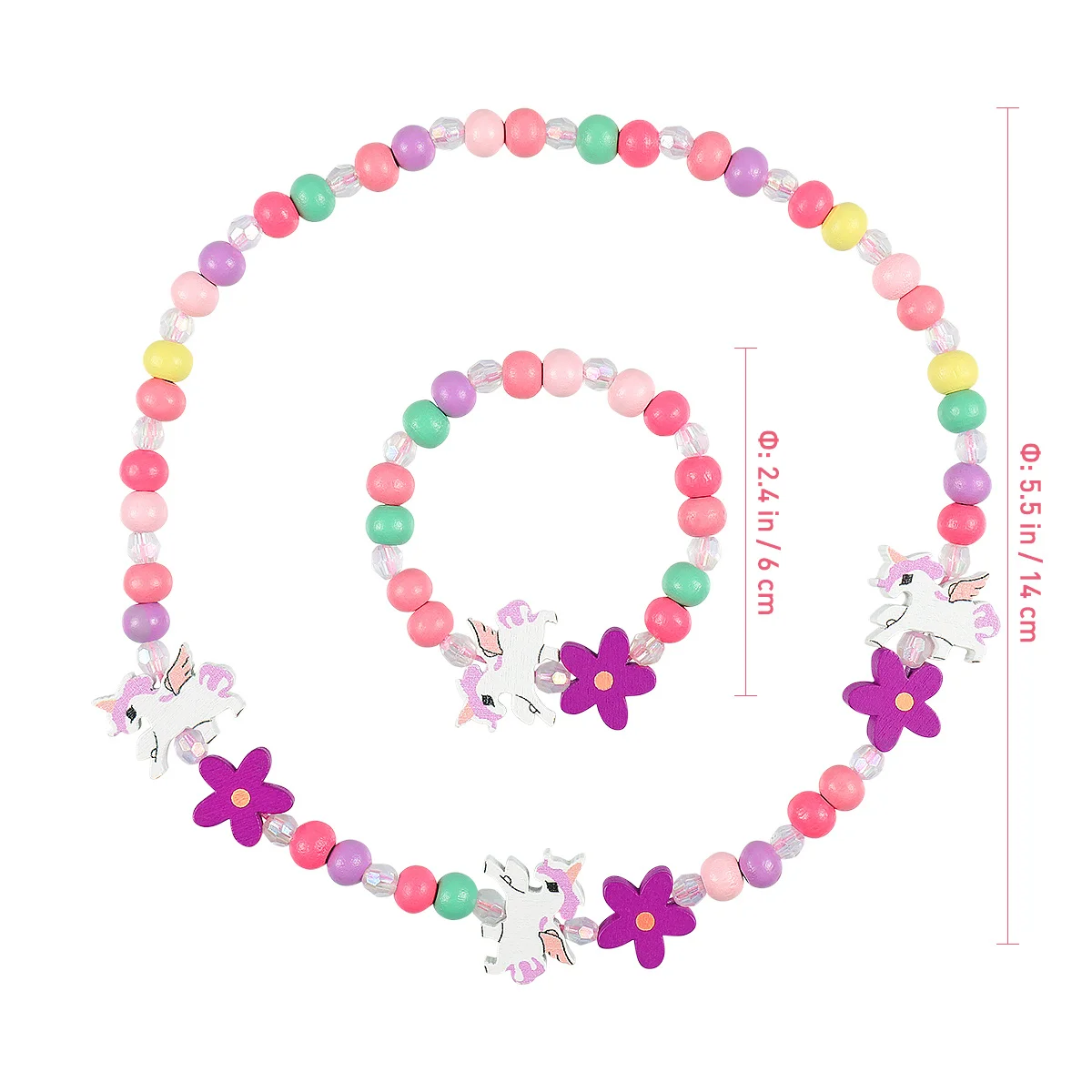 Set di braccialetti con collana di perline di legno per bambini, regalo di gioielli con unicorno colorato, accessorio da viaggio per feste di compleanno per ragazze