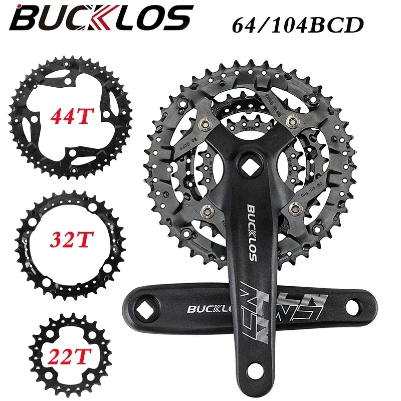 BUCKLOS MTB Crankset 9speed 22-32-44T Bicycle Crank Set Aluminum Alloy 170mm Crank 64/104BCD Chainring Bike Crankset Part