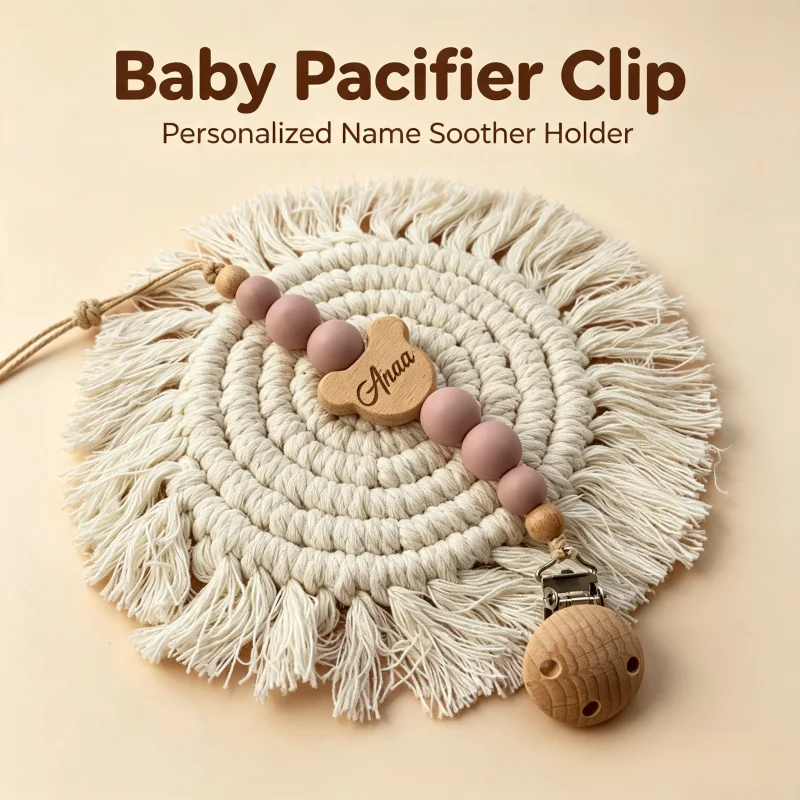 Personalized Custom Baby Name Pacifier Clip Wooden Silicone Beads Soother Holder for Baby Shower Birthday Gift