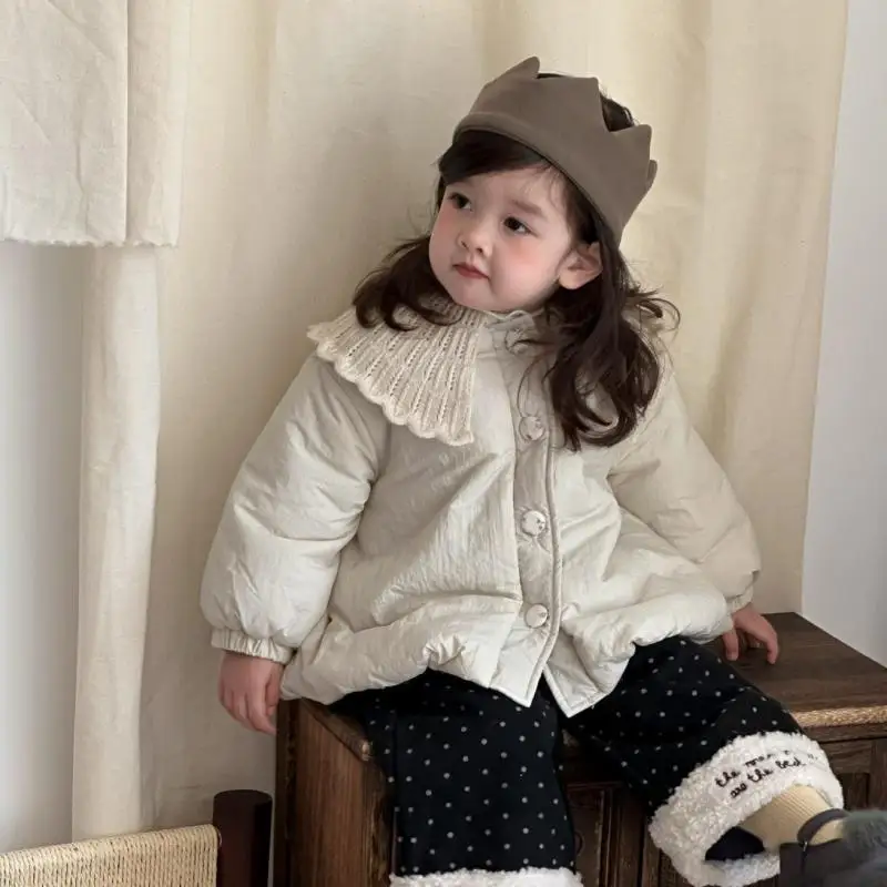2026 Winter New Baby Cotton Padded Jacket Solid Girls Warm Lapel Coat Plus Velvet Thick Infant Toddler Clothes