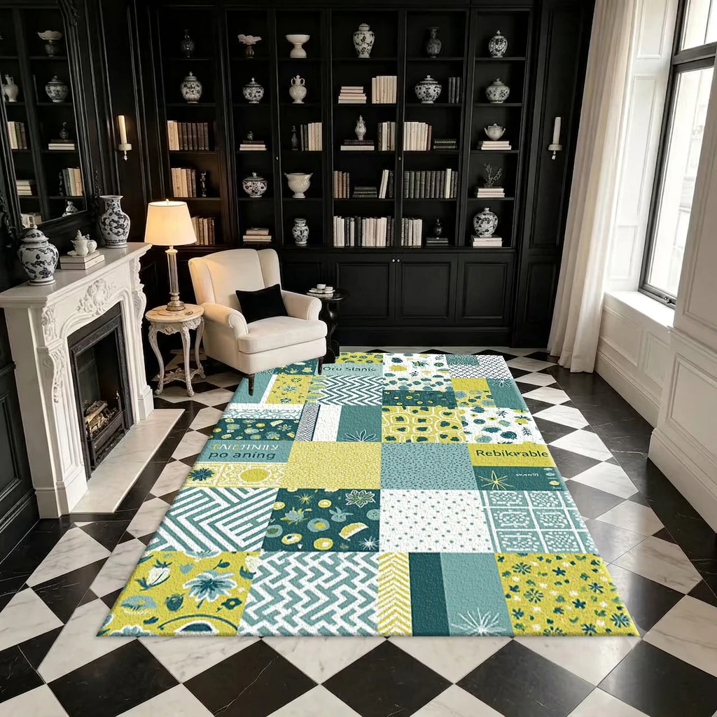Green and Yellow Patchwork Mixed Pattern Carpet with Geometric Floral Print, Square Carpet Suitable for Modern Home Decor