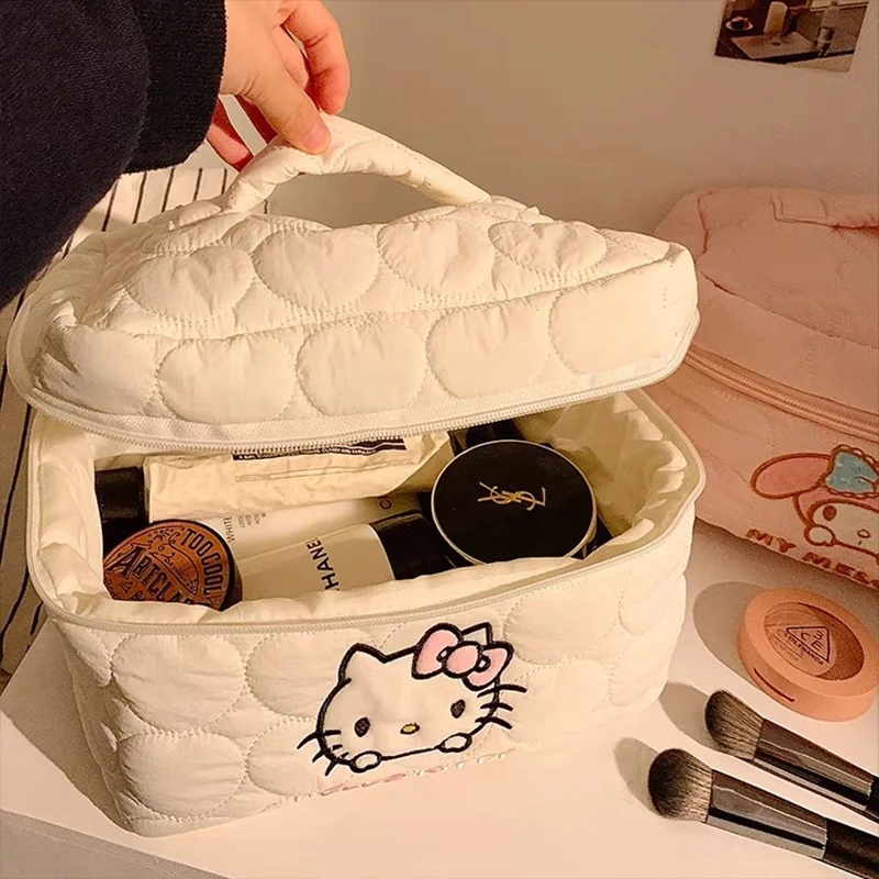 Sanrio Hello Kitty Makeup Bag Large Capacity Cream Down Soft Cloud Makeup Bag Handheld Travel Storage Bag Simple Trendy Design