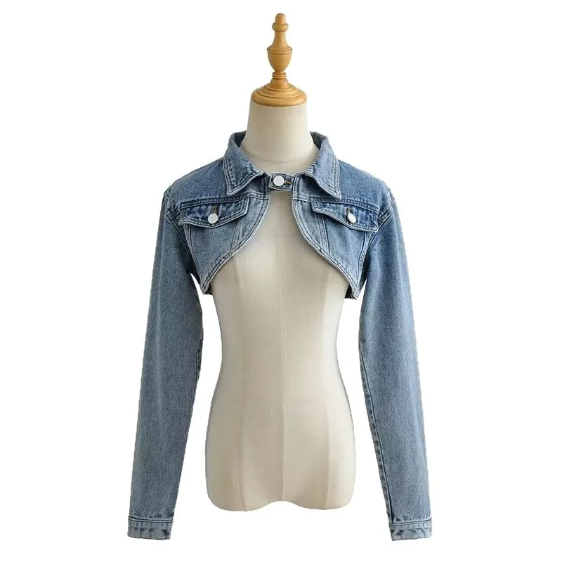 American Spice Girl Wind Super Short Denim Jacket Women's Spring High Waist Shawl Design Sense Niche Retro Top Exquisite Simple