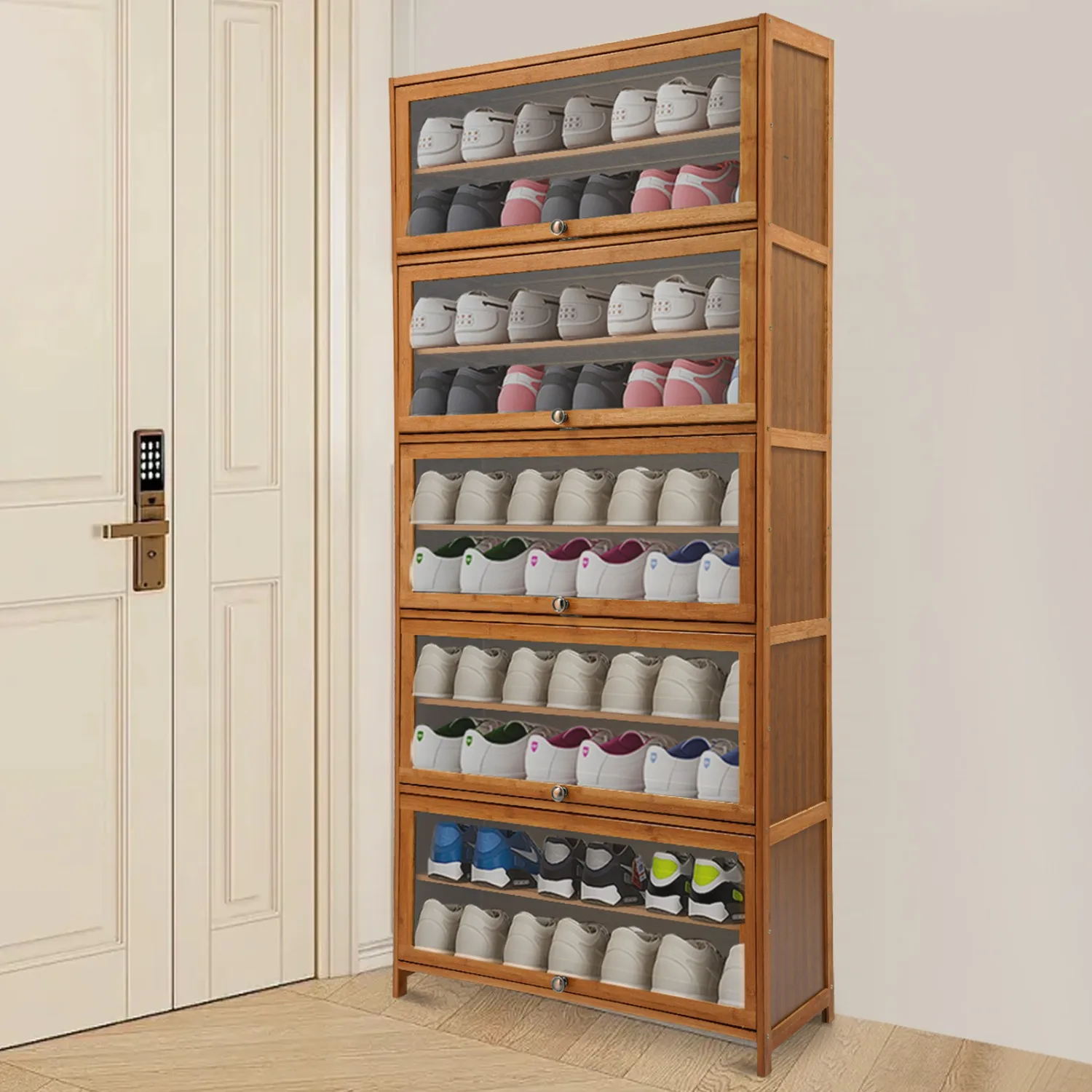 11 Tier Bamboo Shoe Shelf Organizer Storage with Flip Doors, Free Standing Shoe Cabinet for Home Entryway Hallway Office Bedroom, Each Tier Bearing 3-4 Pairs, 31.5*12.99*67.72in, Brown