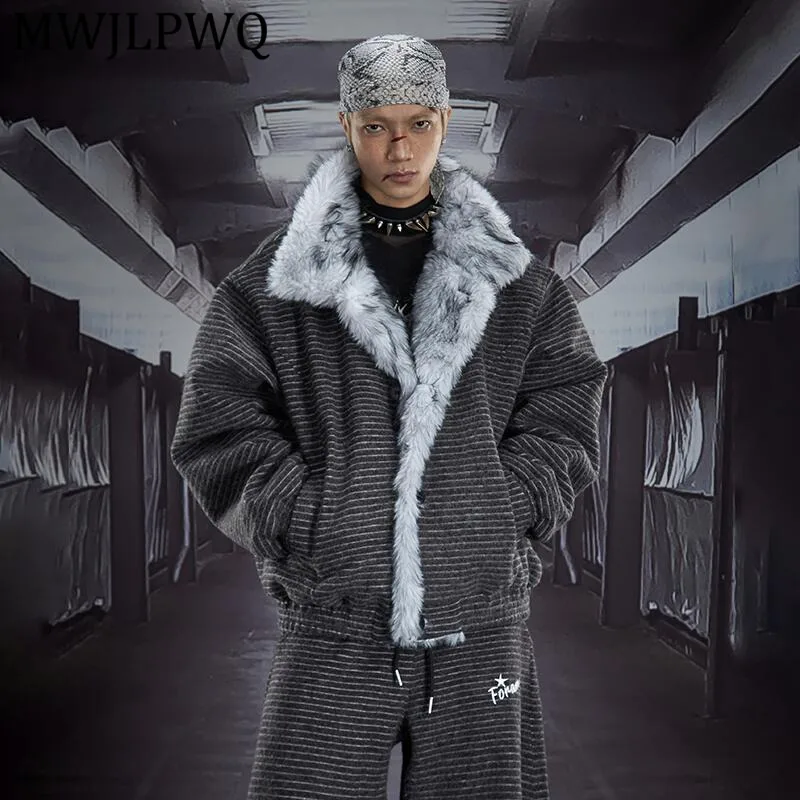 

MWJLPWQ Men's Striped Stand Turn-Down Collar Furry Quilted Coats High Street Patchwork Thickened Warm Cotton Jacket Winter 12981